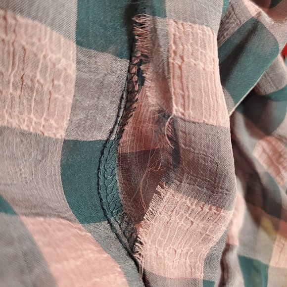 Faded Glory top Small 4/6 plaid sheer hi low chiffon button up down pocket check - Picture 13 of 16